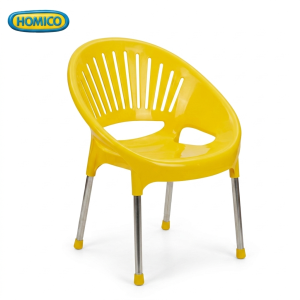 Bright sunshine yellow HOMICO armchair with a ventilated slat backrest and silver stainless steel legs, isolated on a white background.