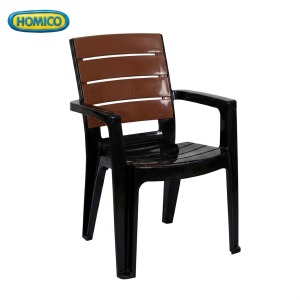 Modern dual-tone HOMICO armchair with a black glossy frame and coffee brown ventilated slat backrest, isolated on a white background.