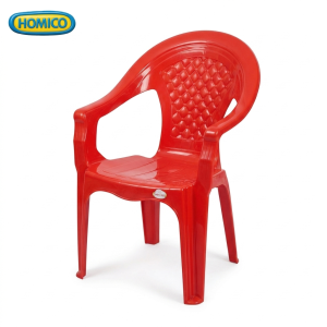 Bright red HOMICO plastic armchair with a diamond-patterned backrest and integrated armrests, isolated on a white background