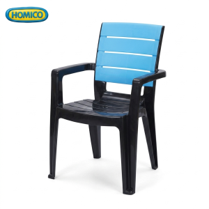 Modern dual-tone HOMICO armchair featuring a black plastic frame and cyan-blue ventilated slat backrest, isolated on a white background