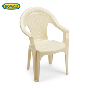 Elegant ivory white HOMICO plastic armchair featuring a diamond-quilted backrest and sturdy armrests, isolated on a clean white background.