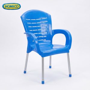 Vibrant blue HOMICO plastic armchair with horizontal slat backrest and silver stainless steel legs, isolated on a clean white background
