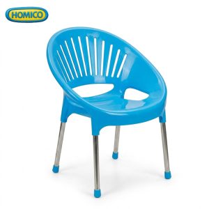 A side view of a modern blue HOMICO plastic chair with stainless steel legs and a distinctive slat backrest, set against a clean white background