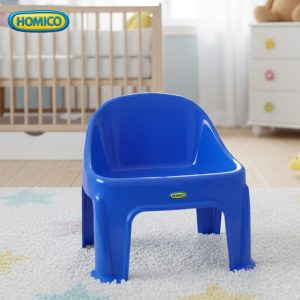 Vibrant blue HOMICO baby chair with a modern molded design, positioned in a soft-lit nursery setting with a crib in the background.