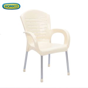 Modern off-white HOMICO plastic armchair with horizontal slat backrest and silver metallic legs, isolated on a clean white background